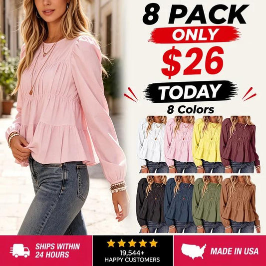 Women's Puff Long Sleeve Pleated Peplum Babydoll Blouse