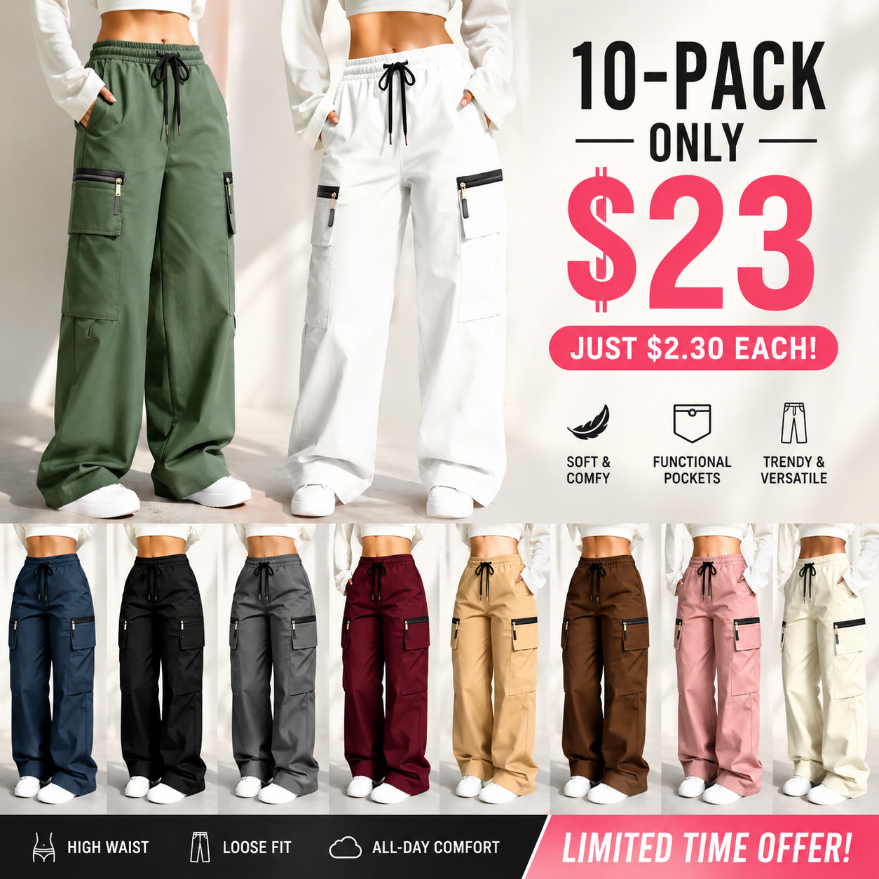 Women’s lightweight loose cargo pants with multiple pockets