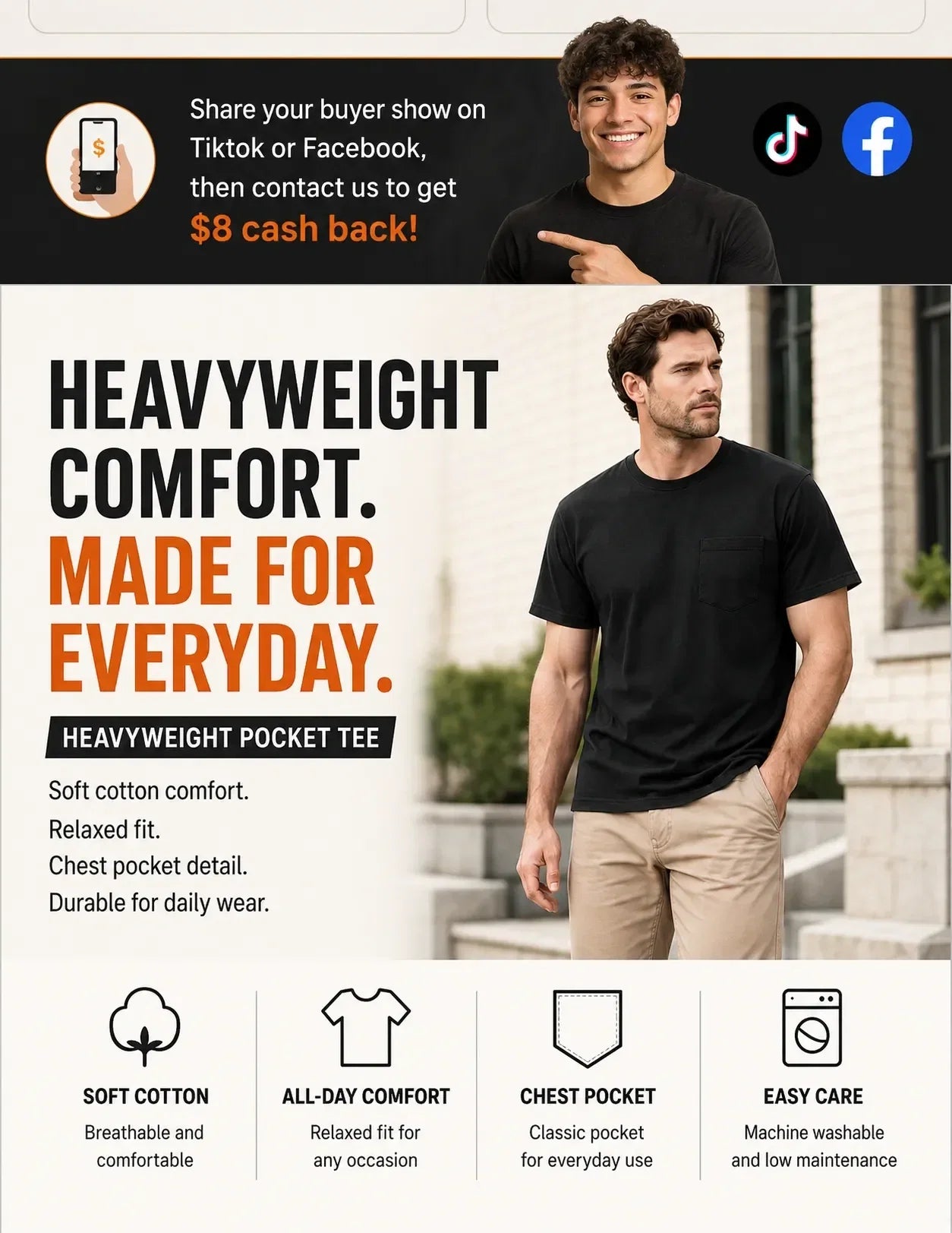 🔥Men's Heavyweight Cotton Pocket T-Shirt – Relaxed Fit Everyday Casual Tee | Big & Tall Available