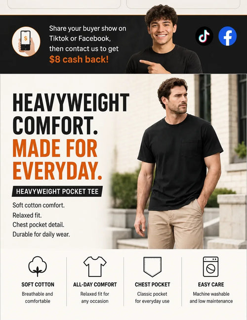 🔥Men's Heavyweight Cotton Pocket T-Shirt – Relaxed Fit Everyday Casual Tee | Big & Tall Available